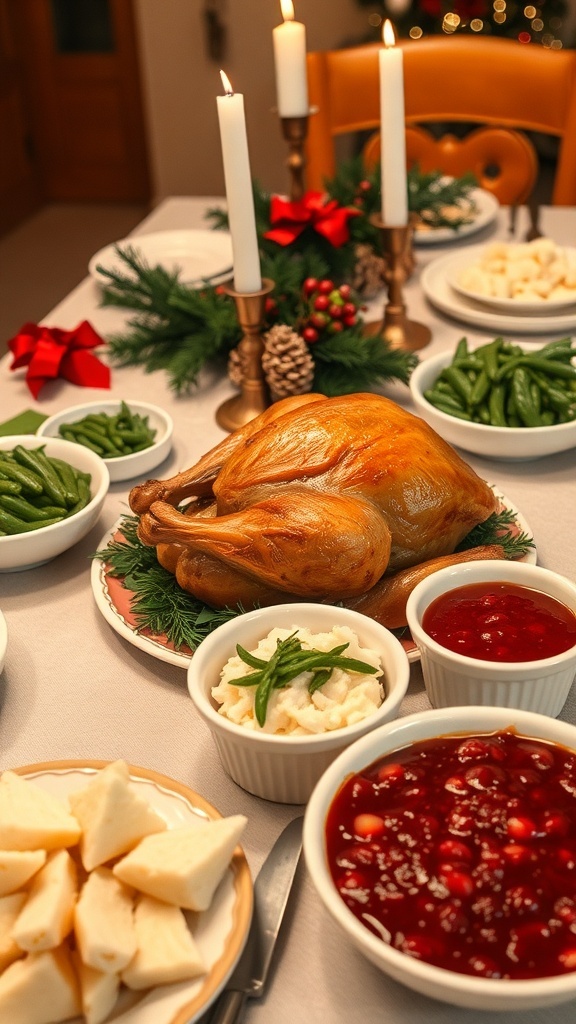 Christmas Dinner for Five A festive Christmas dinner table with a roasted turkey, mashed potatoes, green beans, and cranberry sauce, decorated for the holiday.